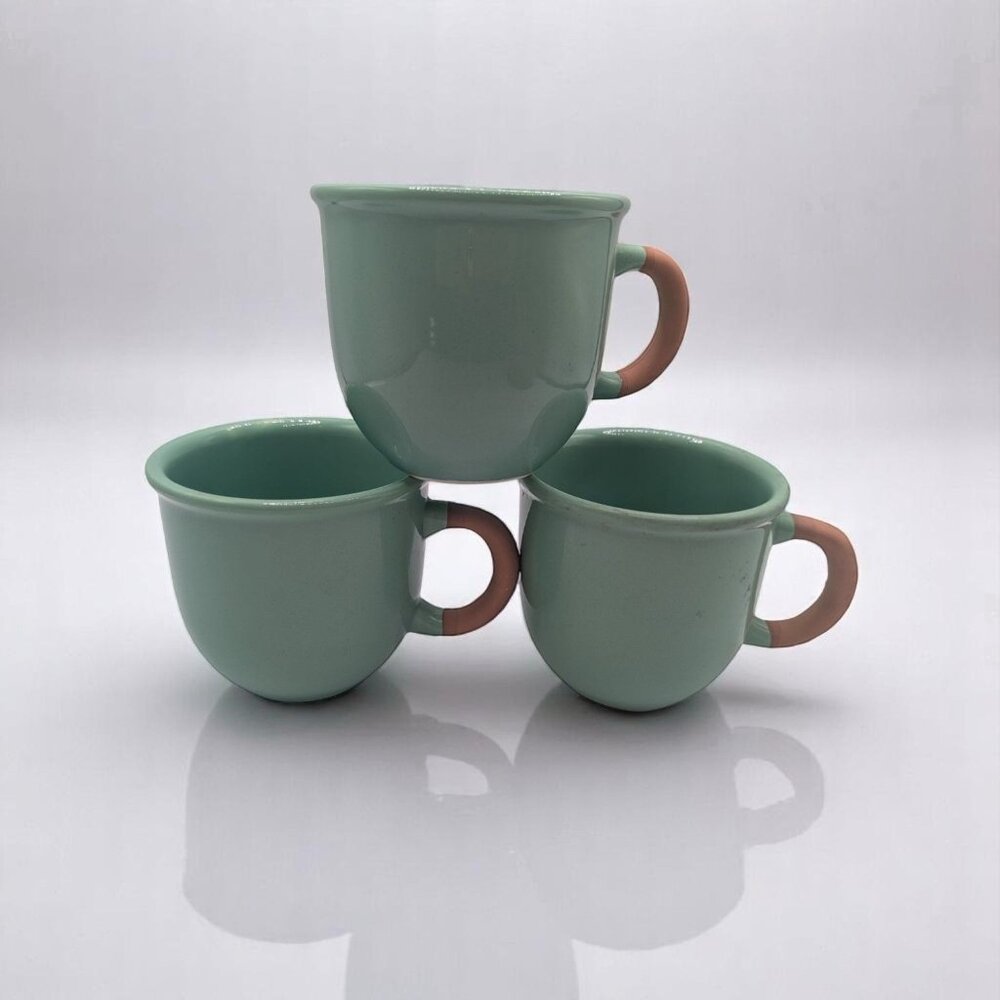 FUO31 by Furio Set Of 3 Handmade Ceramic Teal Mugs With Terracotta Handles